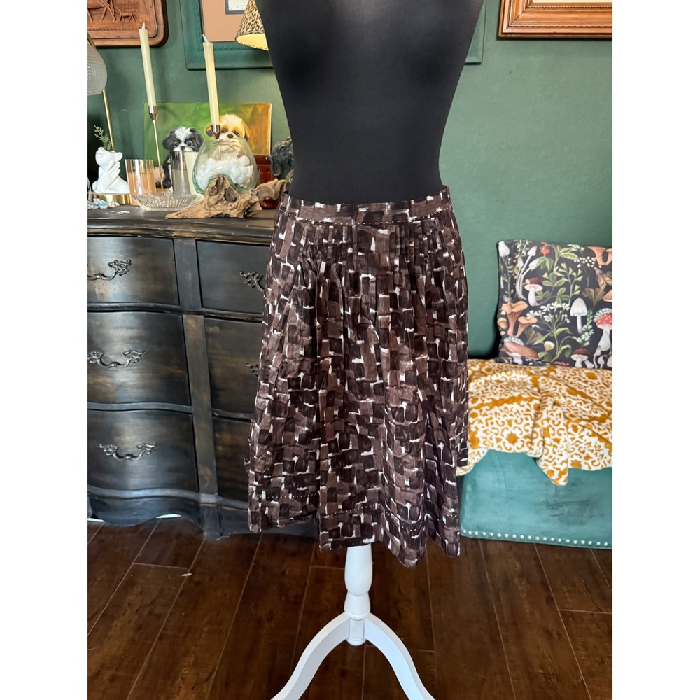 Elie Tahari Brown Abstract Geometric Pleated A-Line Skirt Knee Length Womens‎